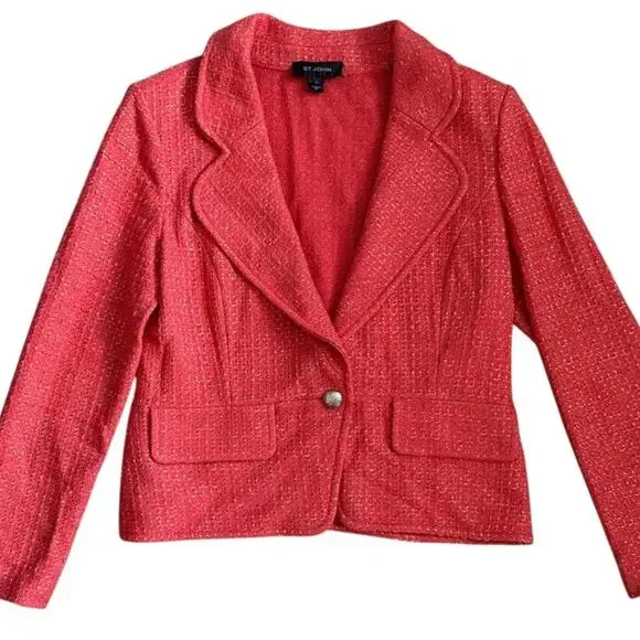 St. John Metallic Single Button Tweed Blazer‎ Coral Size 12